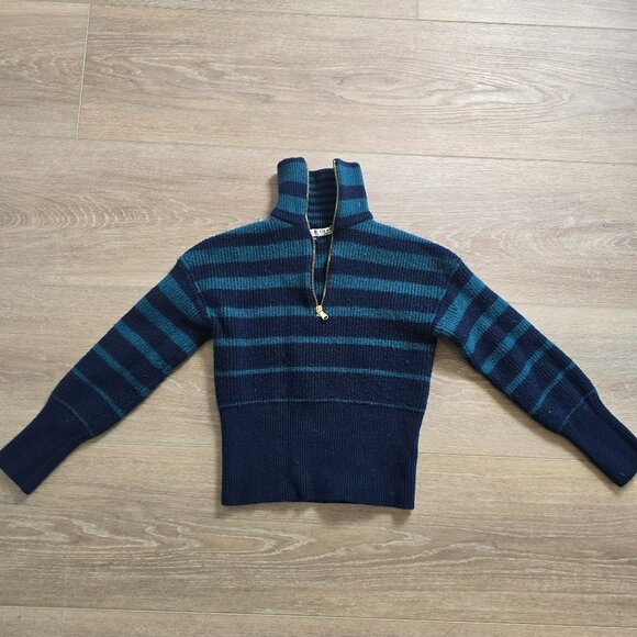 Trina Turk Striped Misty Half-Zip Pullover Sweater Sz Sm Navy - Picture 1 of 6